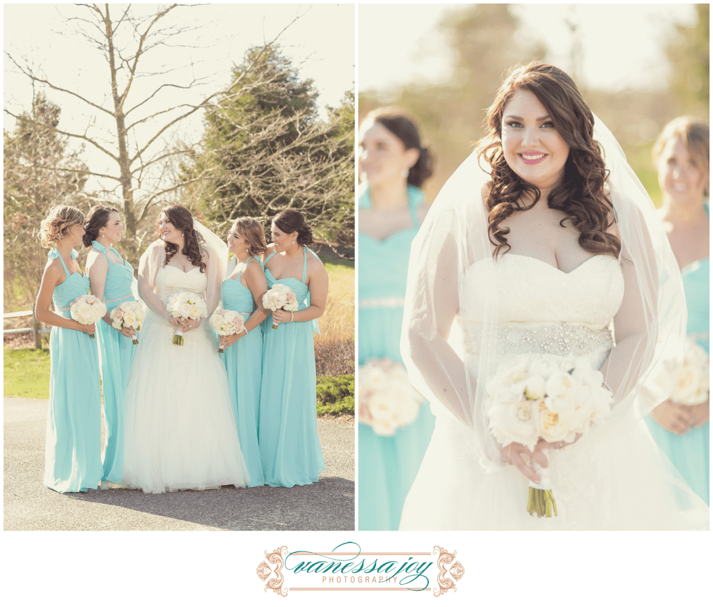 NJ wedding, blue bridesmaid gowns