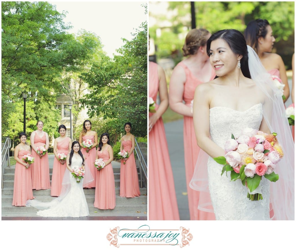 ranunculus bouquet, coral bridesmaid dresses