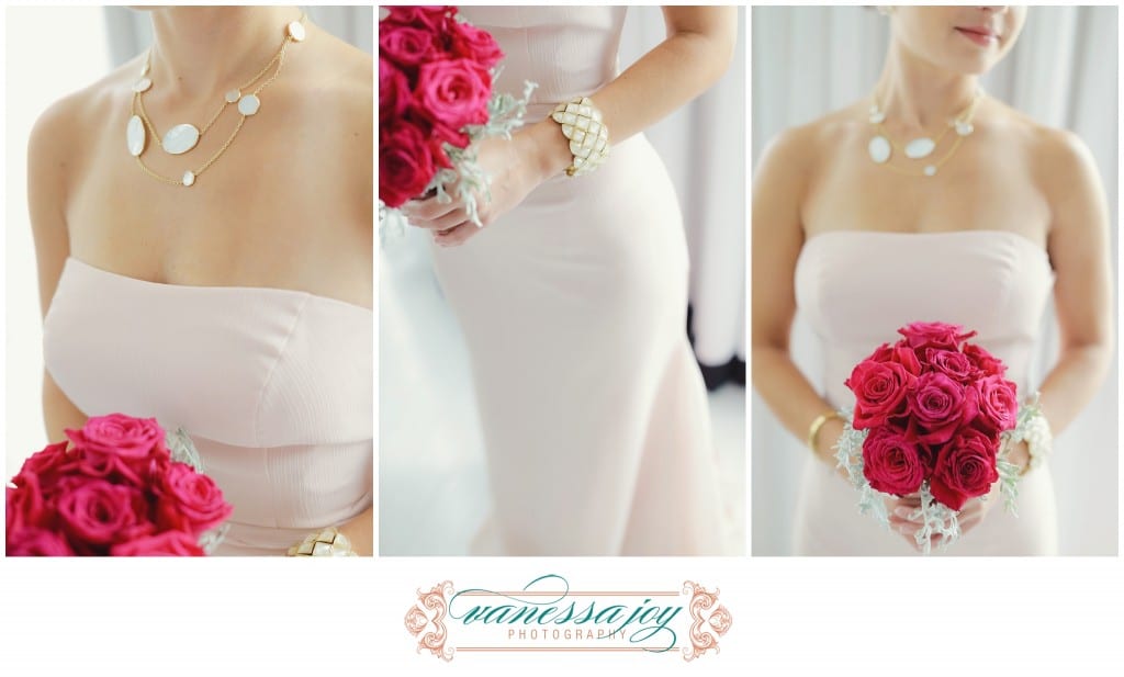 blush pink bridesmaid dresses, hot pink rose bouquet