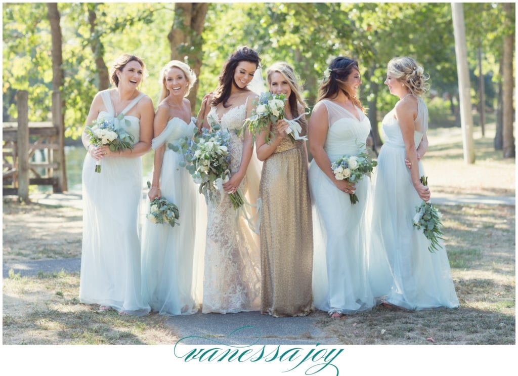 spring lake bridge, wedding photos in spring lake, blue and gold bridesmaids