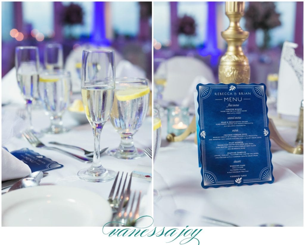 lobster shanty wedding, blue and gold wedding details