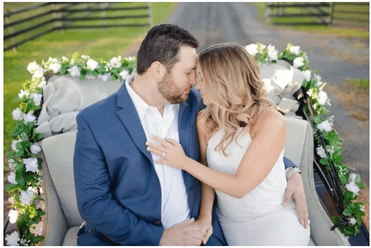 horse farm engagement session, clydesdale engagement photos, horse and carriage engagement ideas