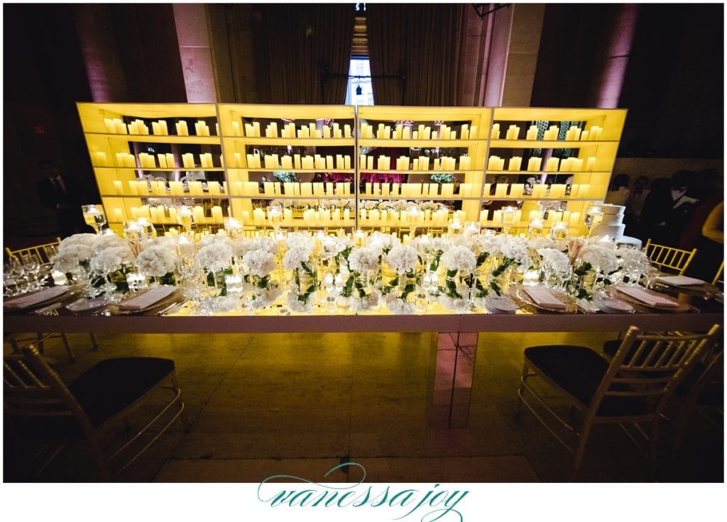 candle wall behind sweetheart table, cipriani wall street weddings, NY wedding photos