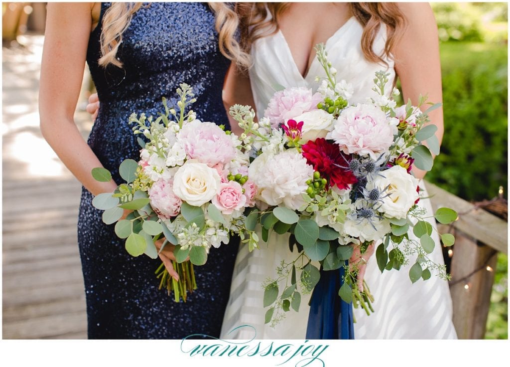 indigo bridesmaid dress, ribbon bridal bouquet