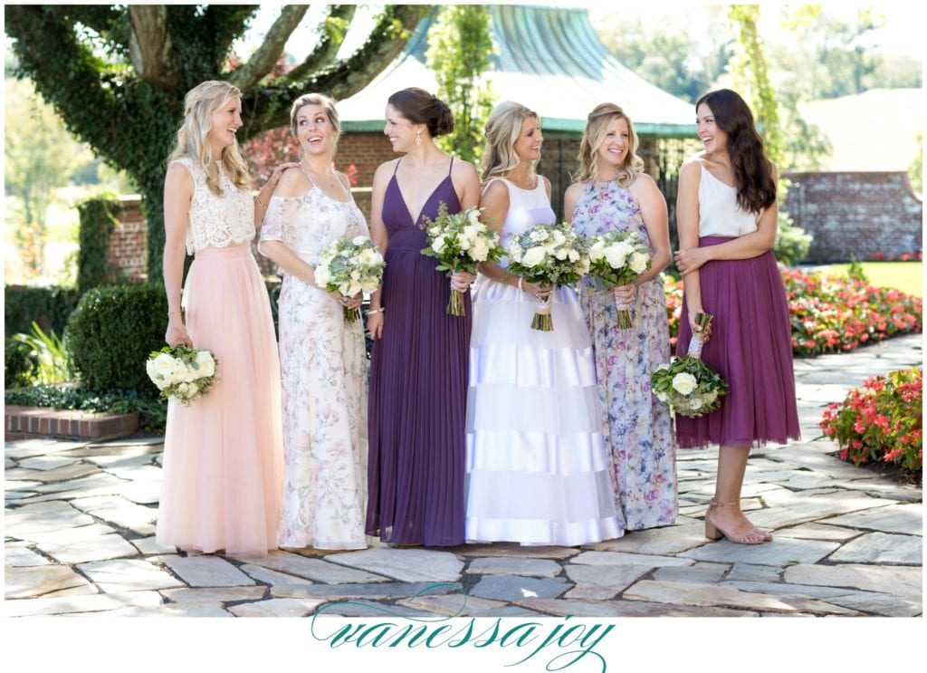 unique bridesmaids dresses, eggplant floral bridesmaids dresses