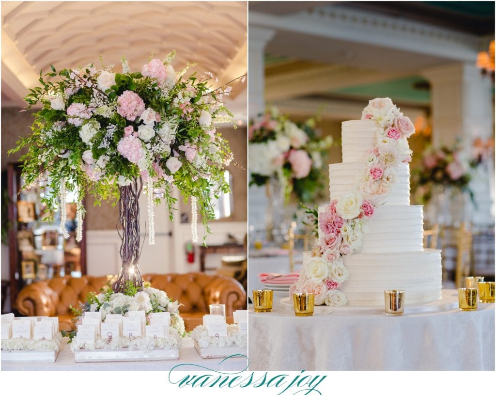 cascading flower cake, unique table cards