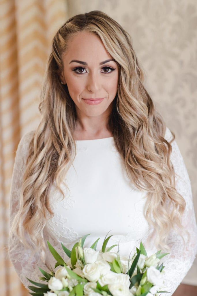 portrait of bride, fiddler's elbow country club bride, lace wedding dress, white bouquet, wedding hair 