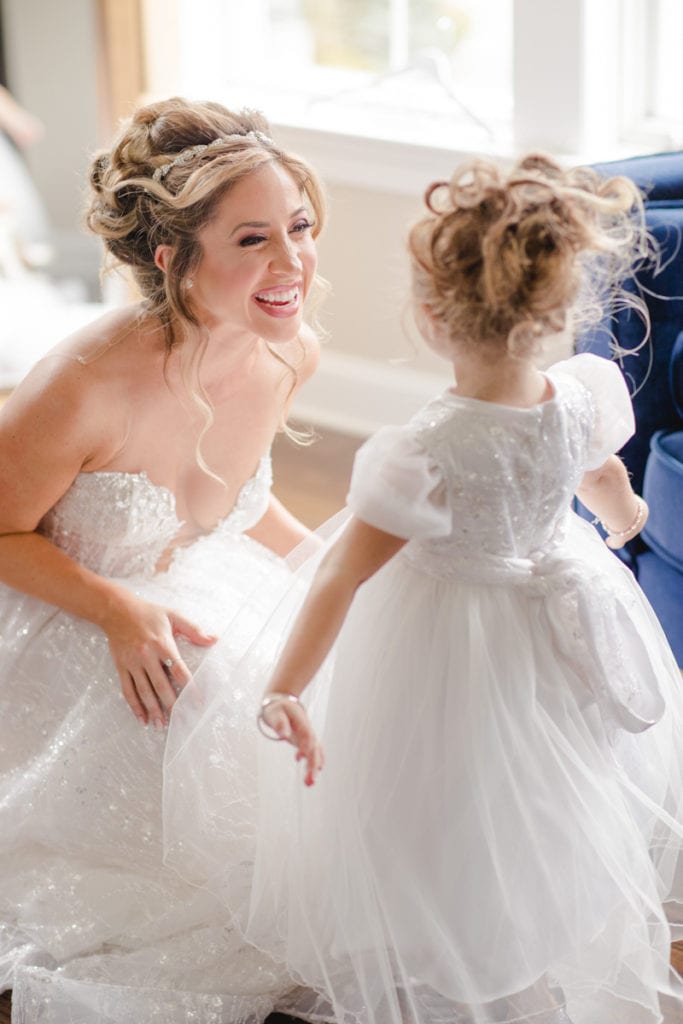 bride and flower girl, berta wedding gown