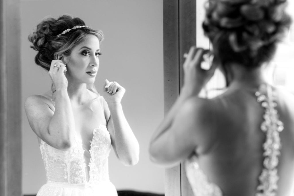 Berta wedding dress, black and white bridal photo, bride getting ready