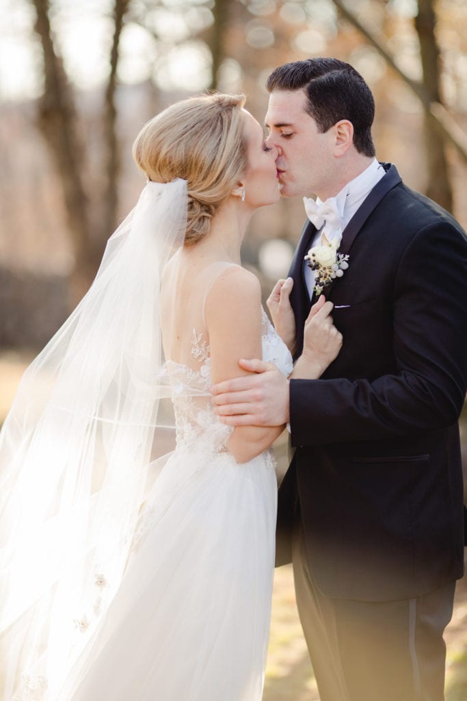 bride and groom first look, liancarlo wedding dress, winter wedding