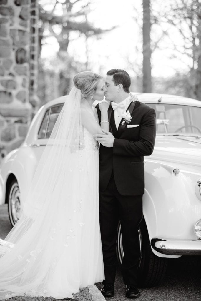 rolls royce, black and white wedding portrait 