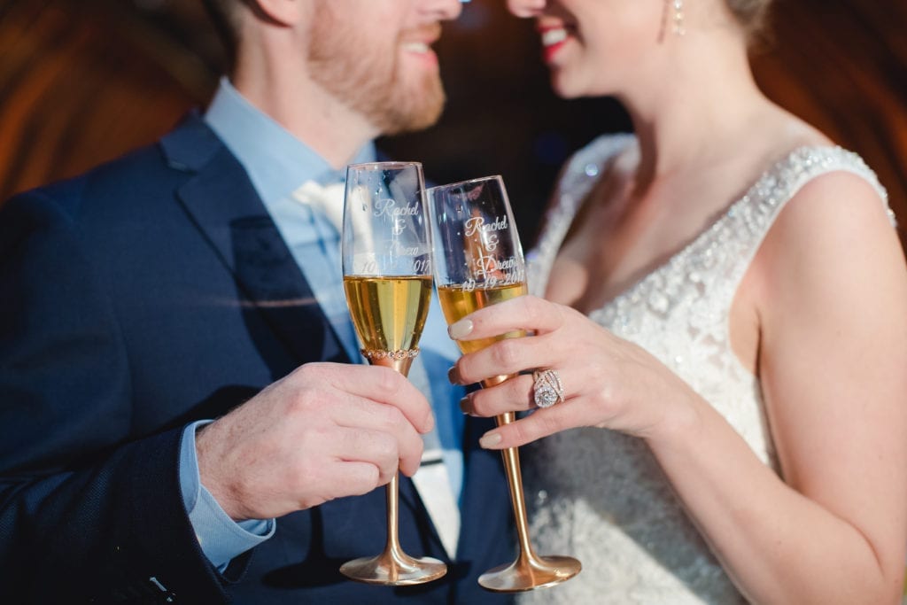 wedding champagne flutes, bride and groom, perona farms wedding