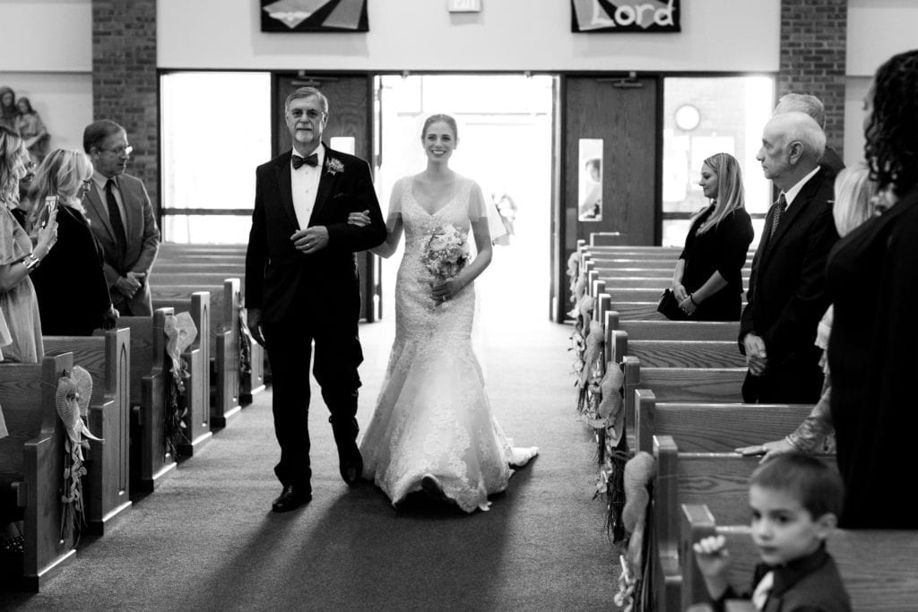 black and white wedding photography, wedding procession, bride and father of bride photography