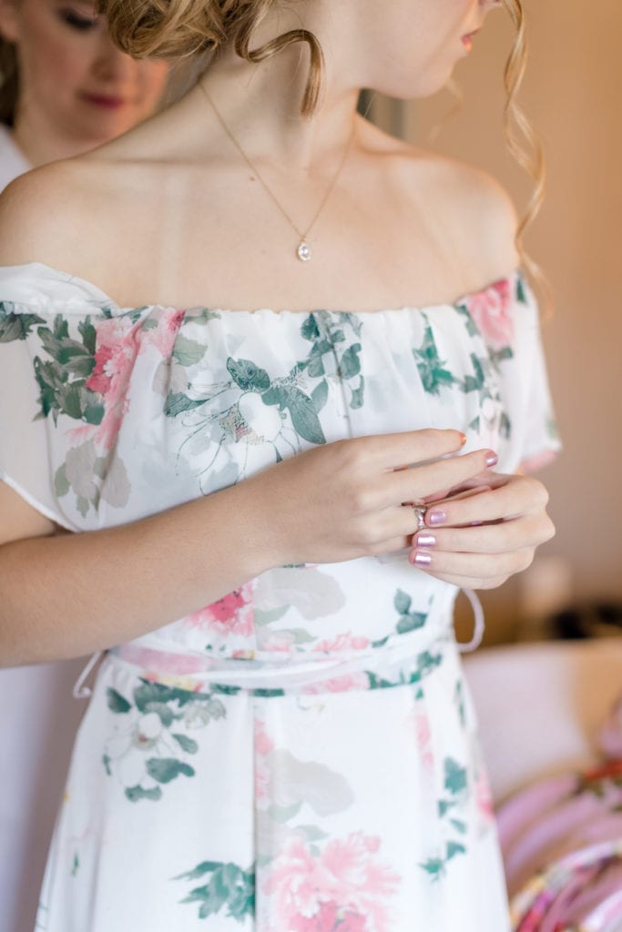 bridesmaid detail shots, floral bridesmaids dress