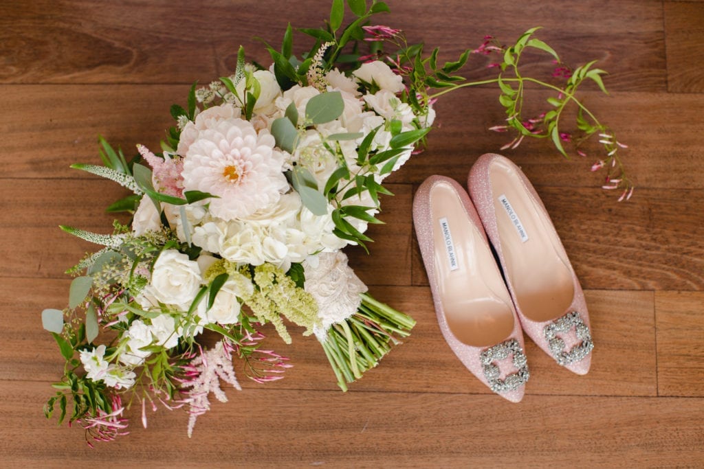 classic pink nj wedding, mallard island yacht club, manolo blahniks