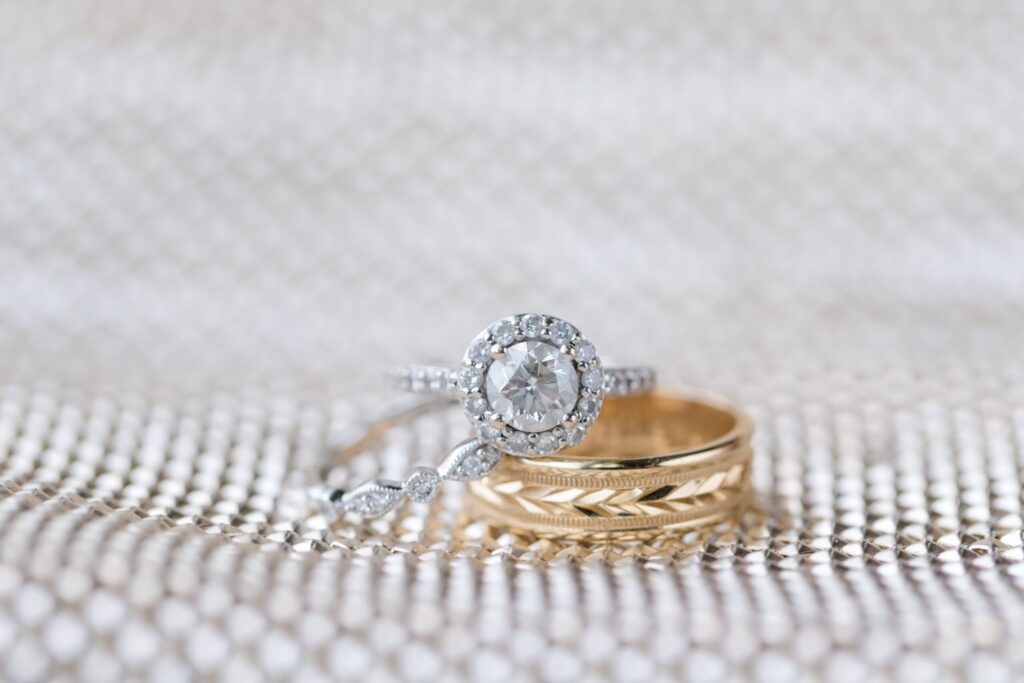 halo diamond engagement ring, wedding band photography