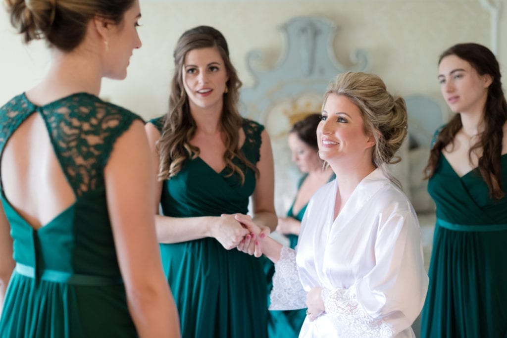 bride and bridesmaids photography, emerald green lace bridesmaids dress