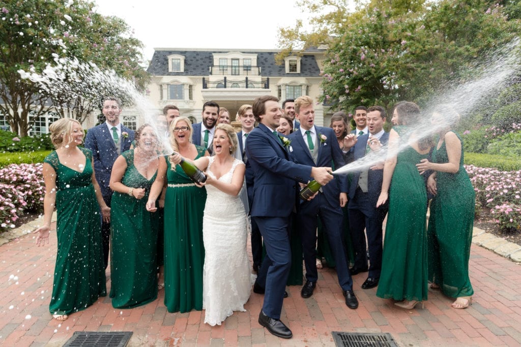 bridal party fun photography, bridal party champagne