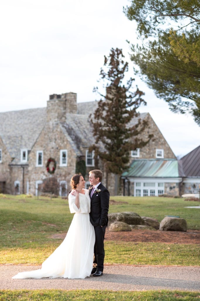 bride and groom outside of Fiddler's Elbow country club