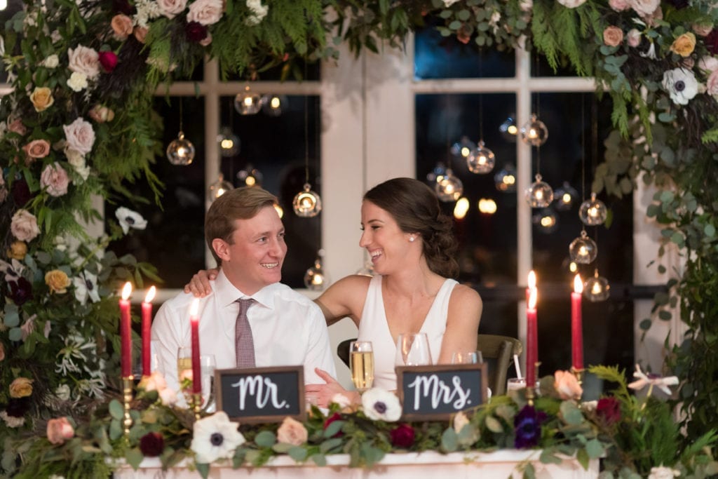 bride and groom at sweetheart table