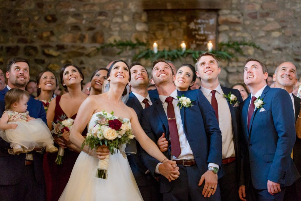 overhead shot of bridal party at holly hedge estate