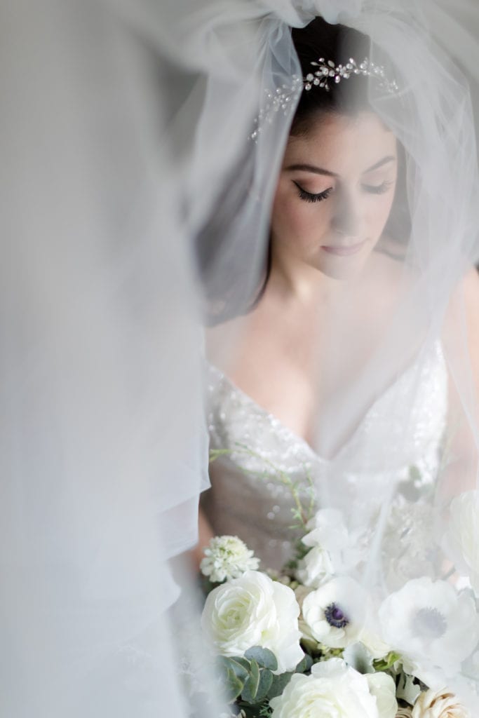 bride with veil over her face