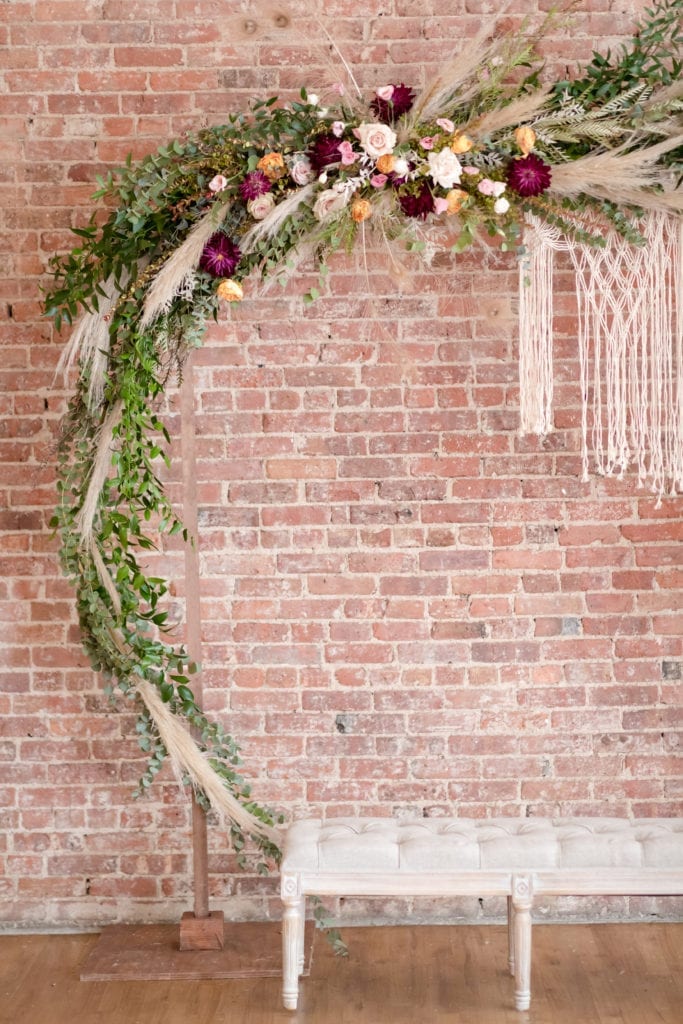 boho floral wedding decor, wedding bench decor