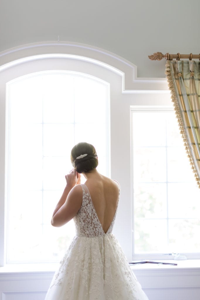 open back lace Enaura Bridal wedding dress, bride on her wedding day