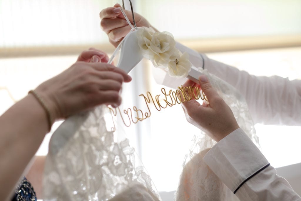 MRS wedding hanger, details of lace wedding gown