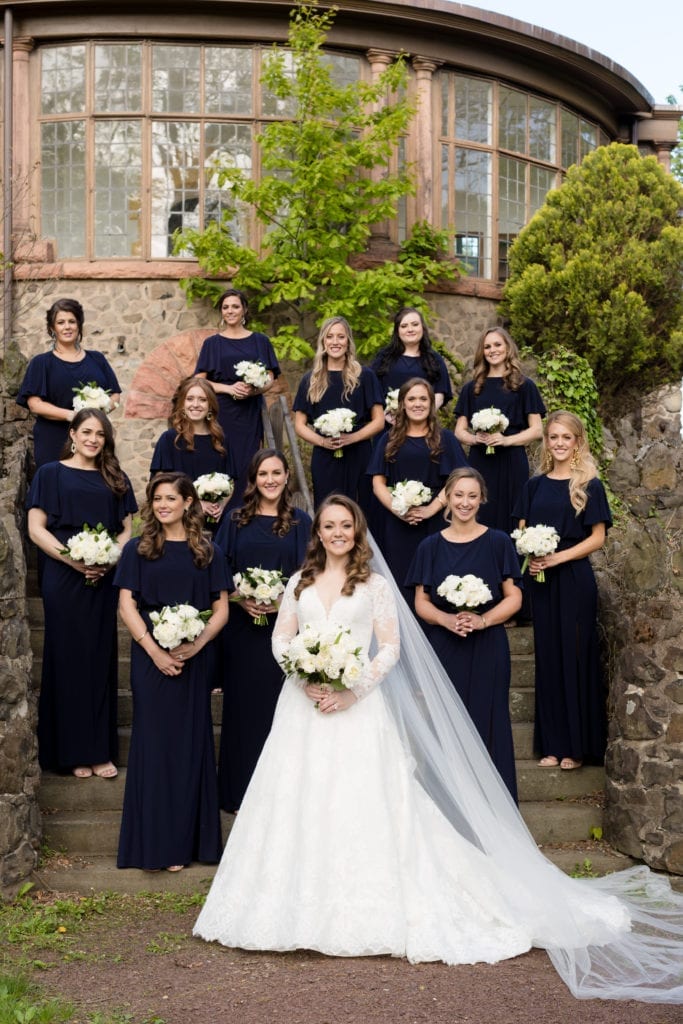 black cap sleeve BHLDN bridesmaids dresses, large bridal party photography