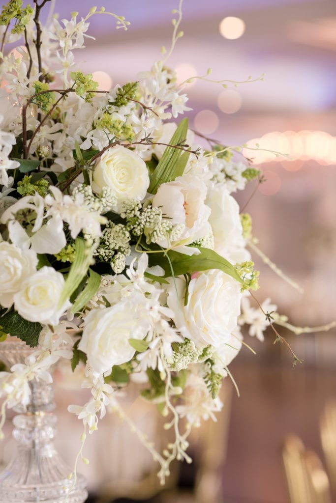 bloom florist wedding arrangement, white florals for wedding