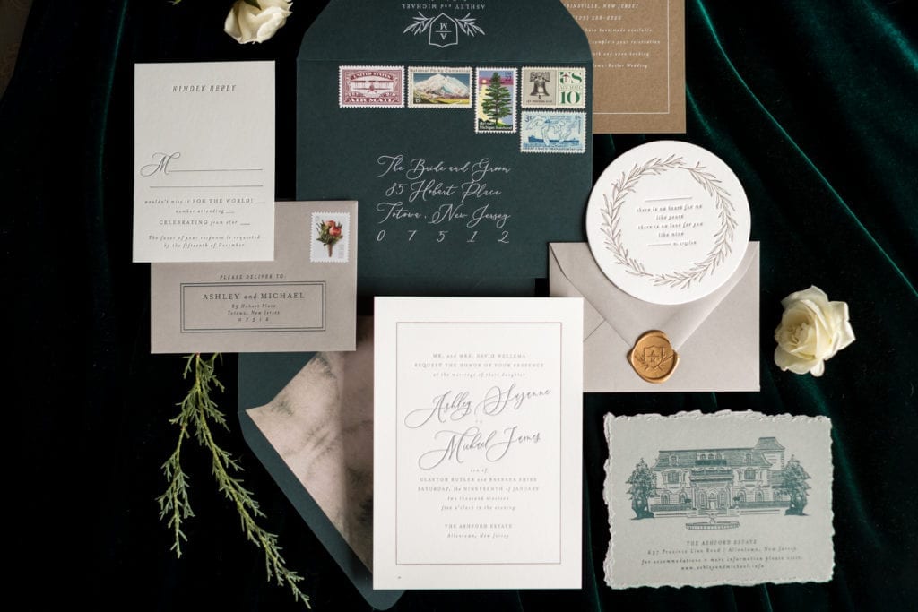 deep green wedding stationary, winter wedding stationary