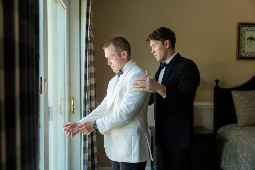 groom and his best man prepping for wedding day, Jcrew groomsmen 