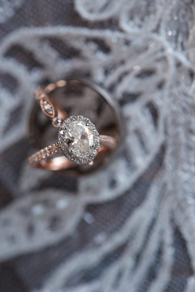 round rose gold engagement ring, rose gold wedding band