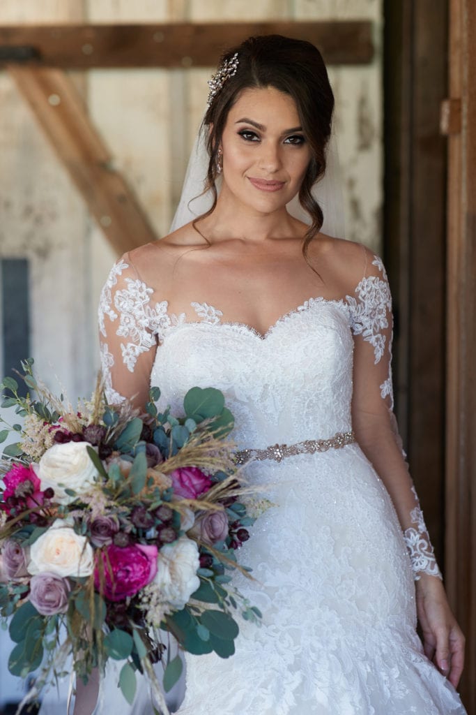 Blue Moon Florist wedding flowers, Pronovias sweetheart cut lace gown