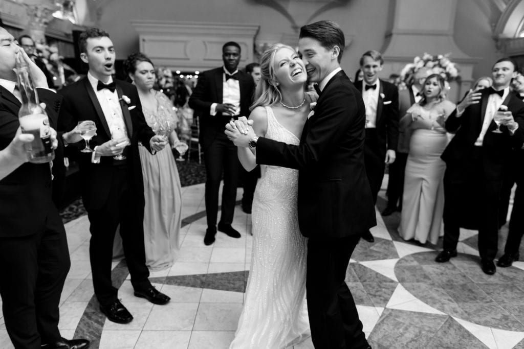 bride and groom dancing at reception