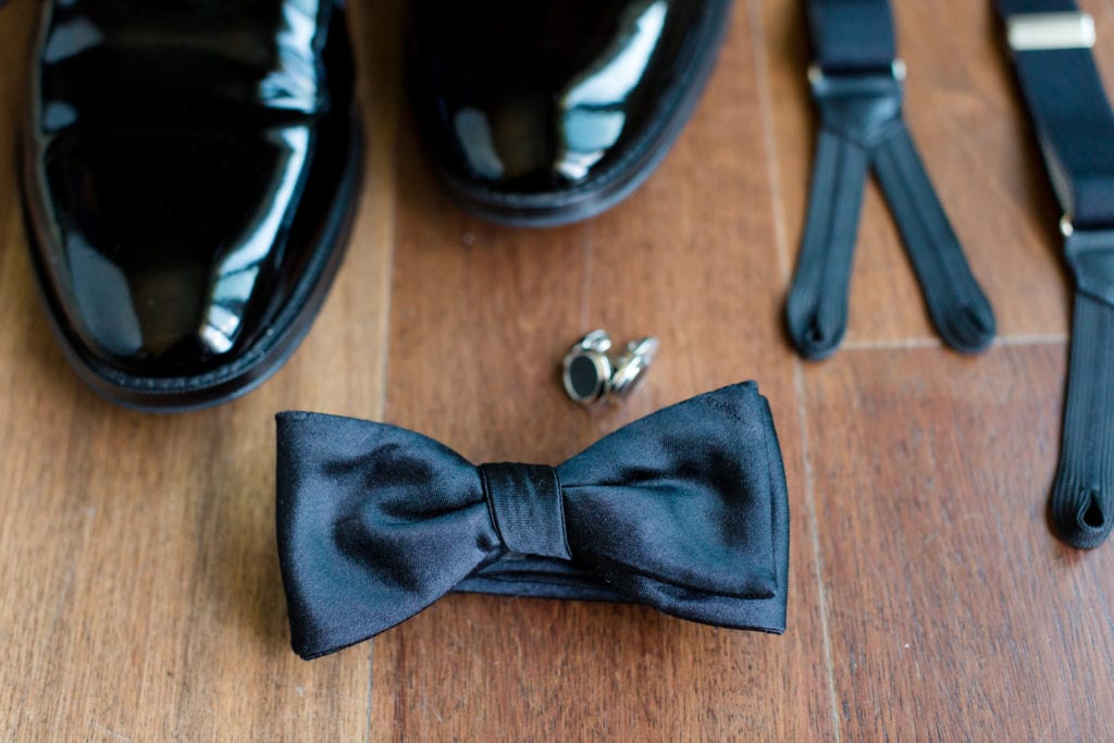 grooms wedding day accessories, bowtie and cufflinks