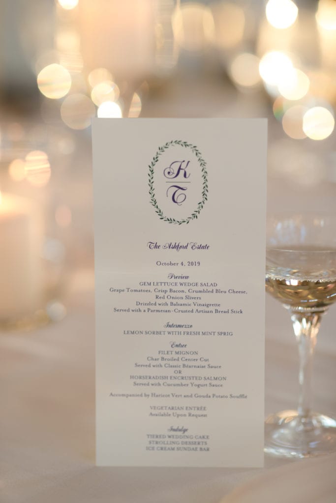 The Ashford Estate wedding, Crane & Co wedding menu