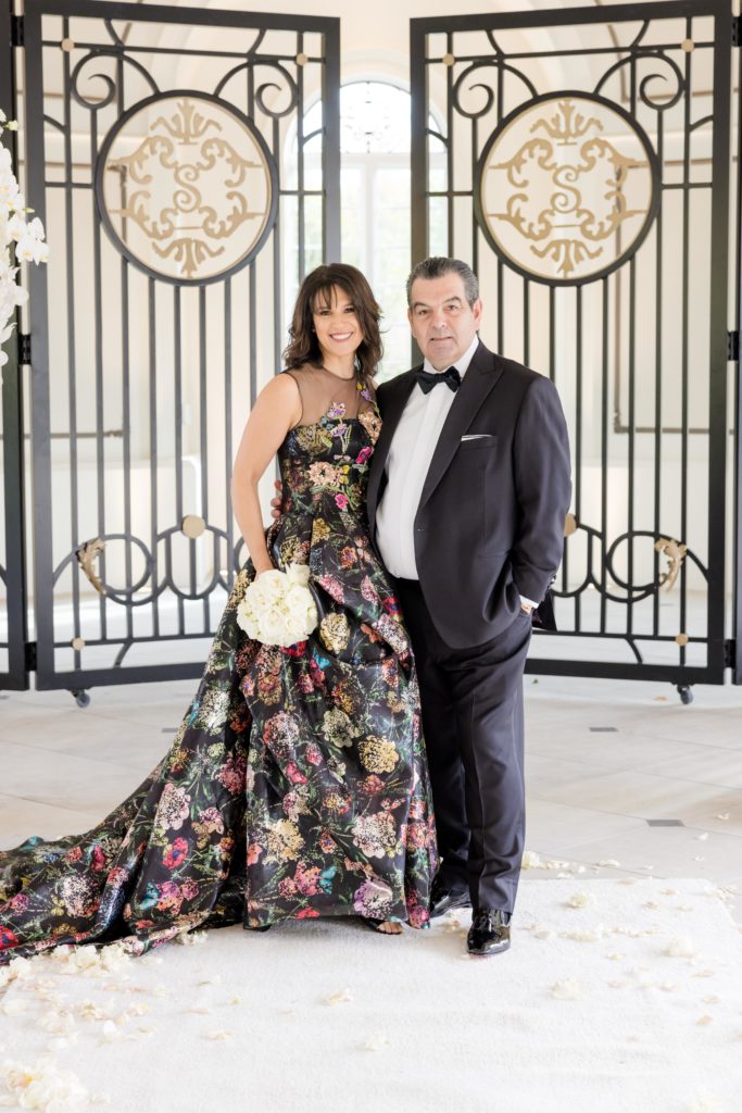 Groom's family, floral patterned dress, classic tux