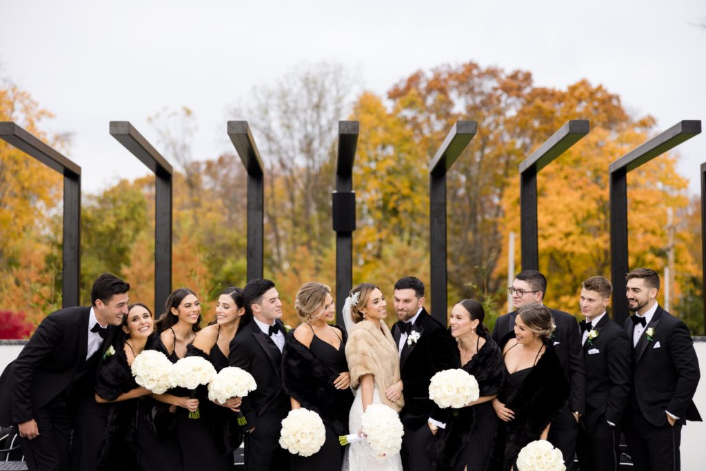 bridesmaid and groomsmen portraits, black and white, Maggie Sottero Designs wedding gown, classic tux