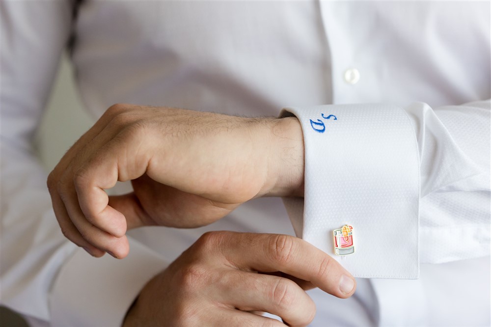 groom cufflinks and monogram shirt