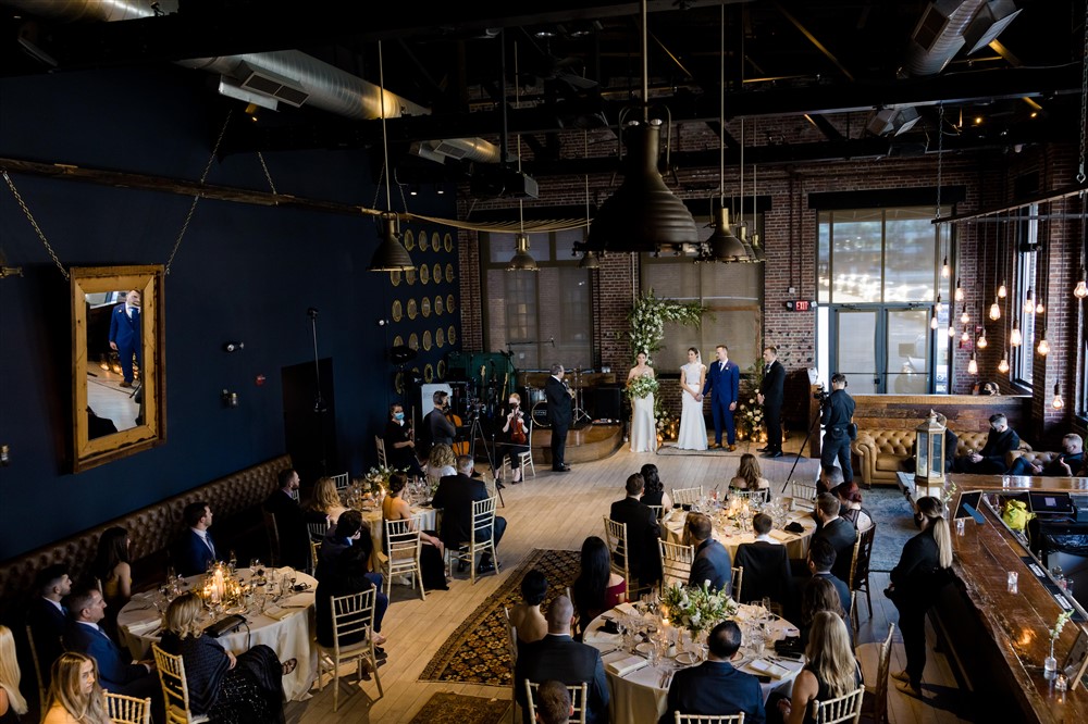 wide shot of jersey city batello restaurant wedding ceremony 