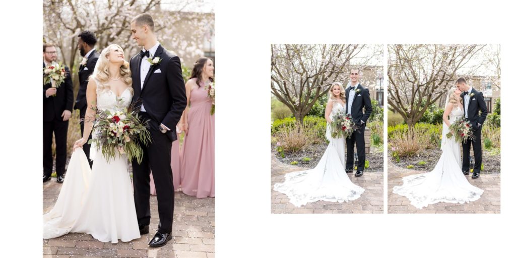 bride and groom holding bouquet