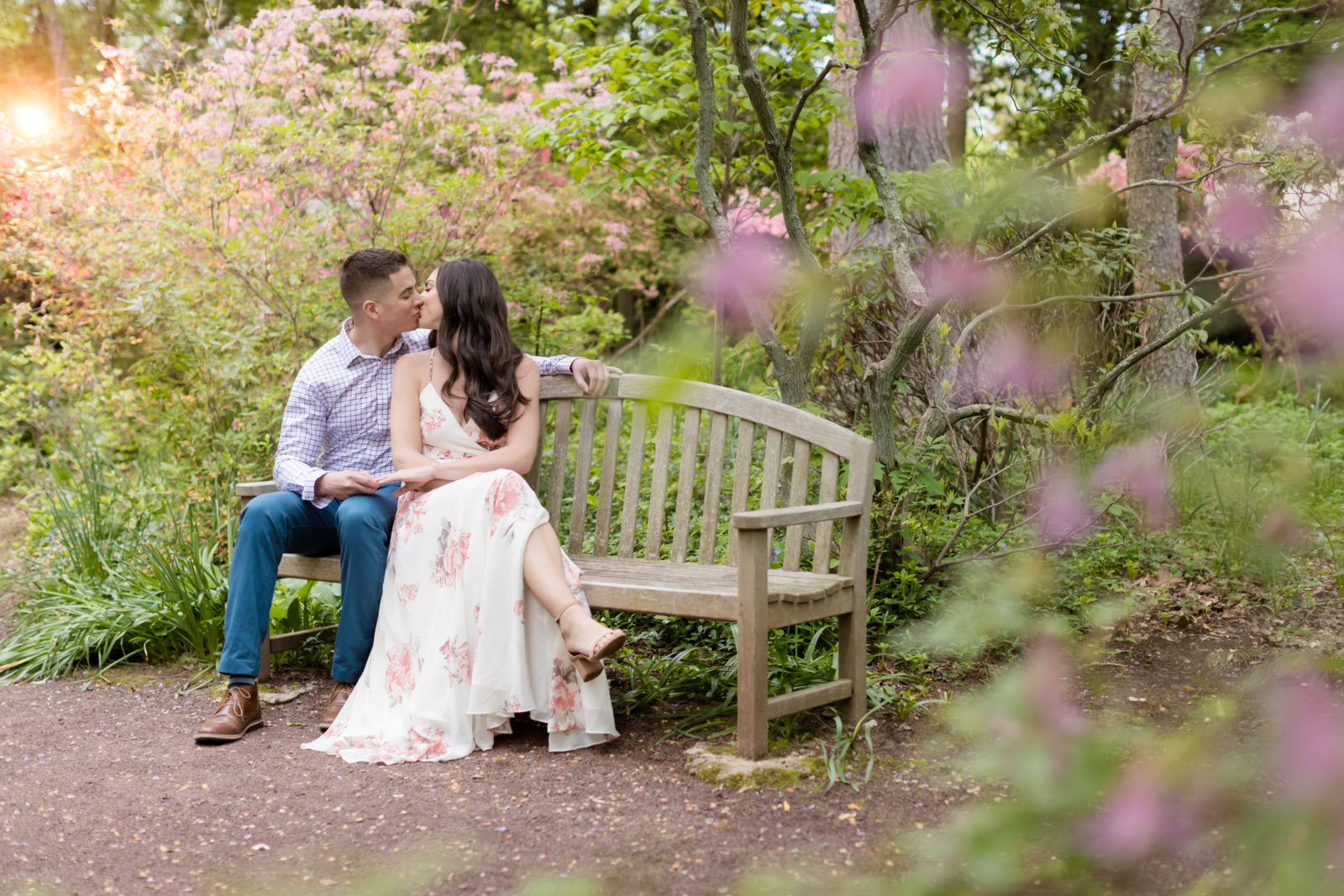 ENGAGED COUPLE SAYEN GARDENS SITTING AT BENCH