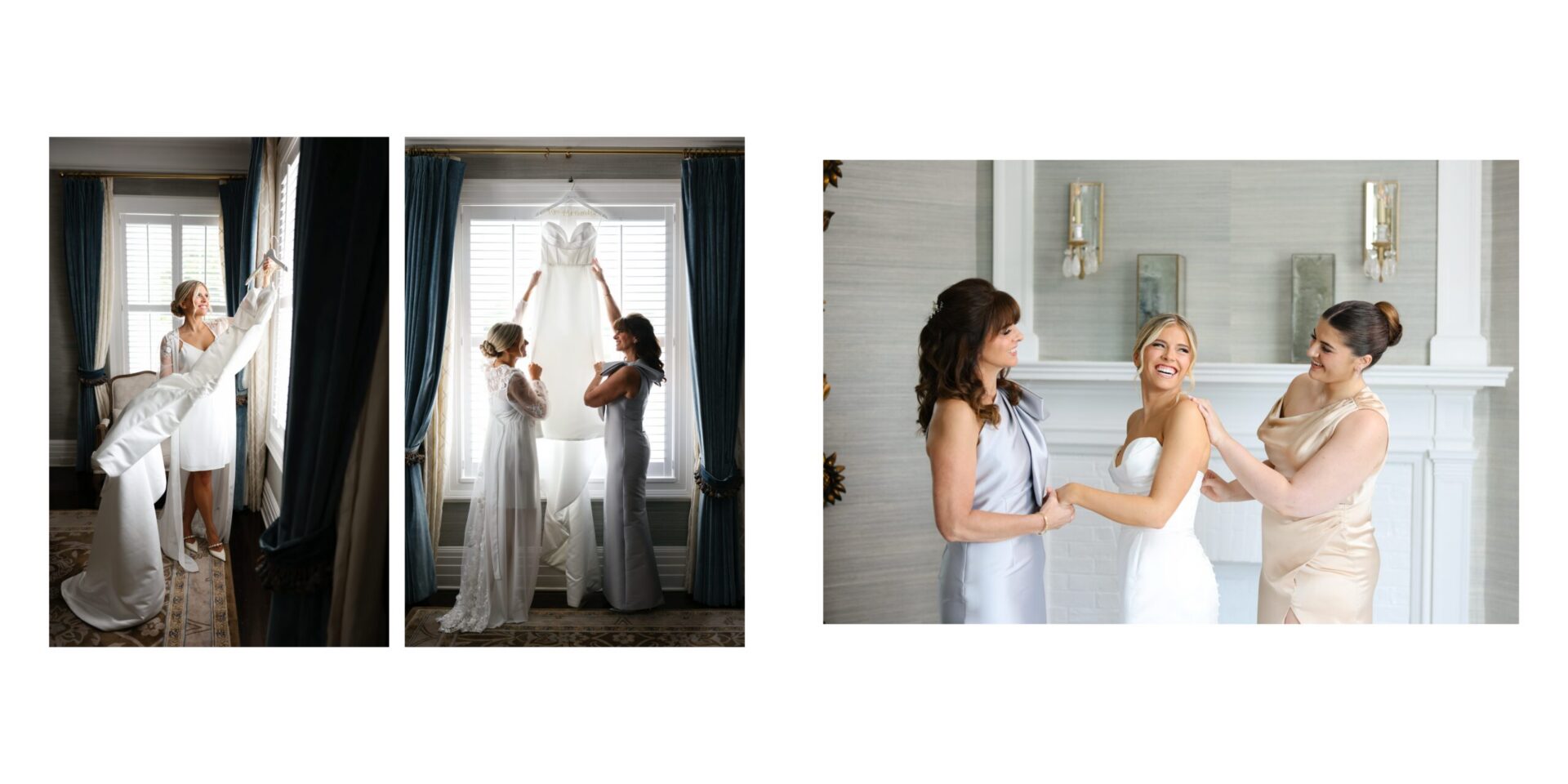 NJ Weddings Bridal gown held up at a window and the bride being helped into her dress by two women