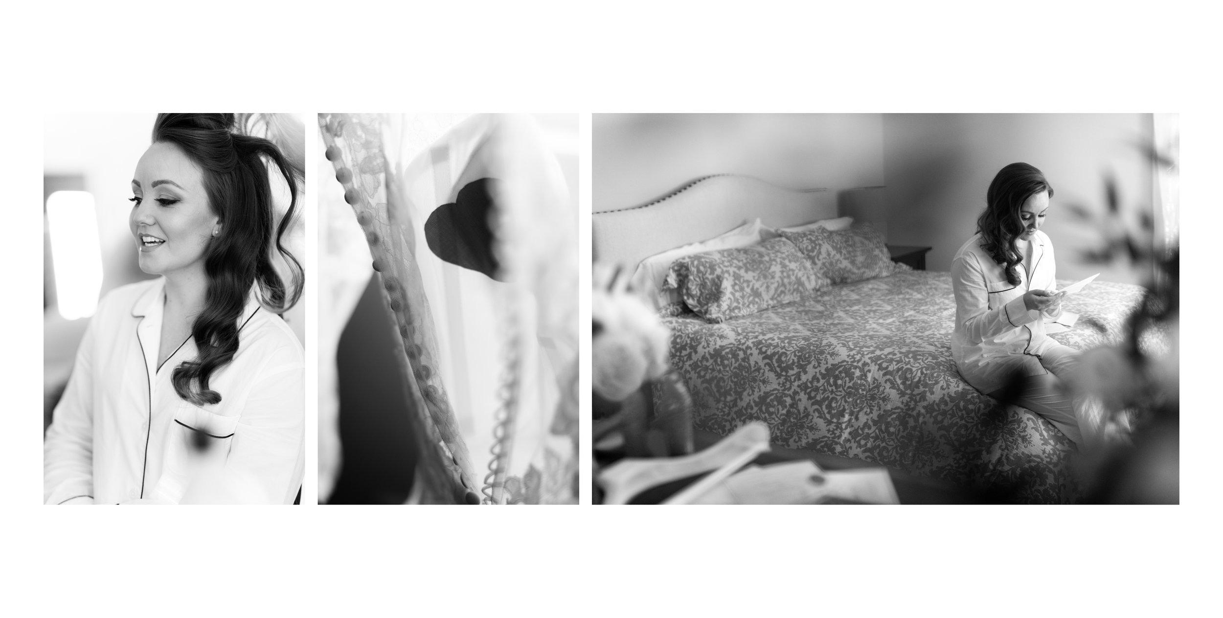 Black and white photos of the bride in a robe, a beaded gown detail and the bride reading a note on a bed