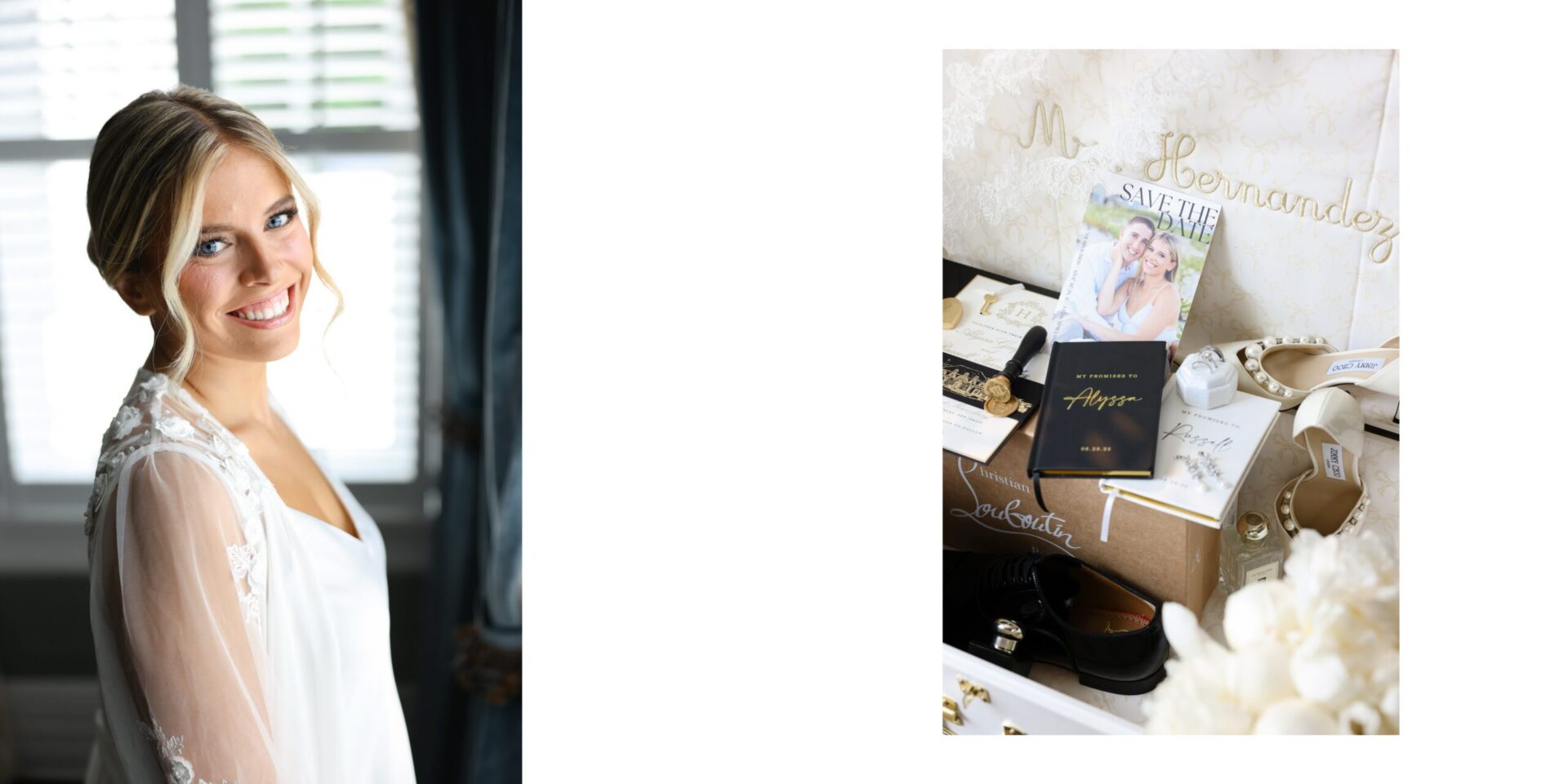 NJ Weddings Smiling bride in a sheer lace robe beside a flat lay of vow book, save the date and gifts