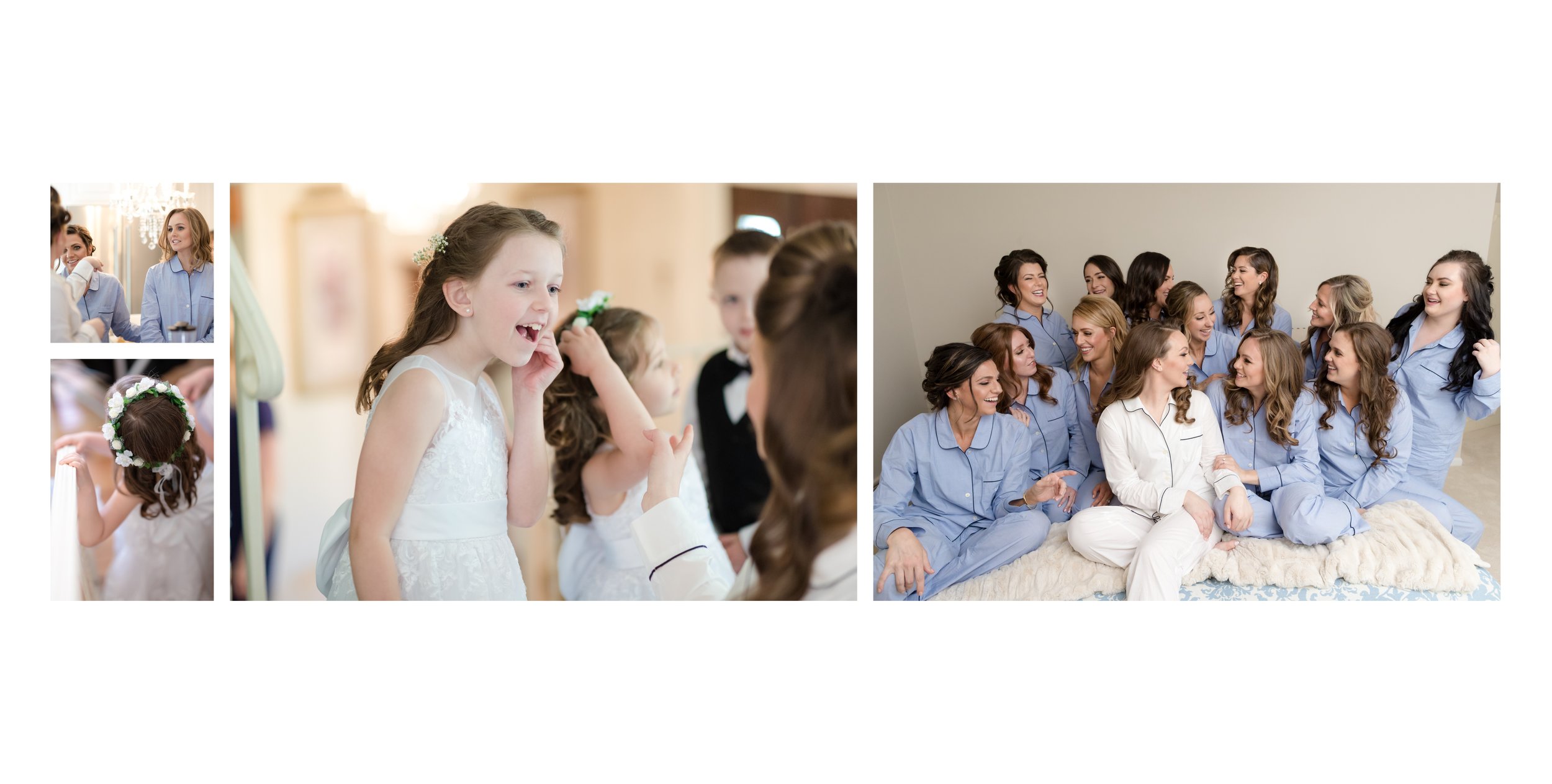 Bride and bridesmaids in matching pajamas getting ready