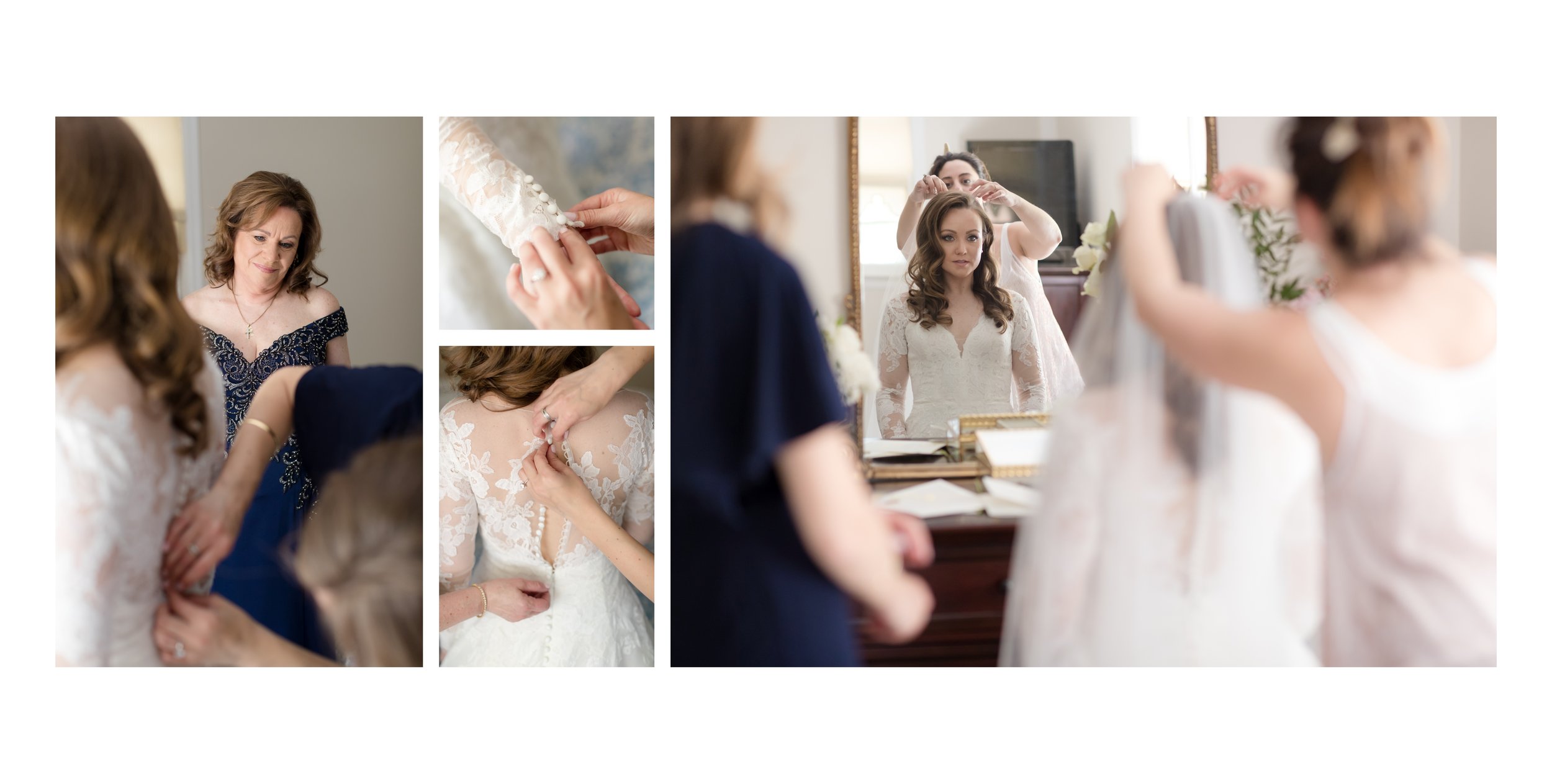 Bride's mother helping her into her gown and veil