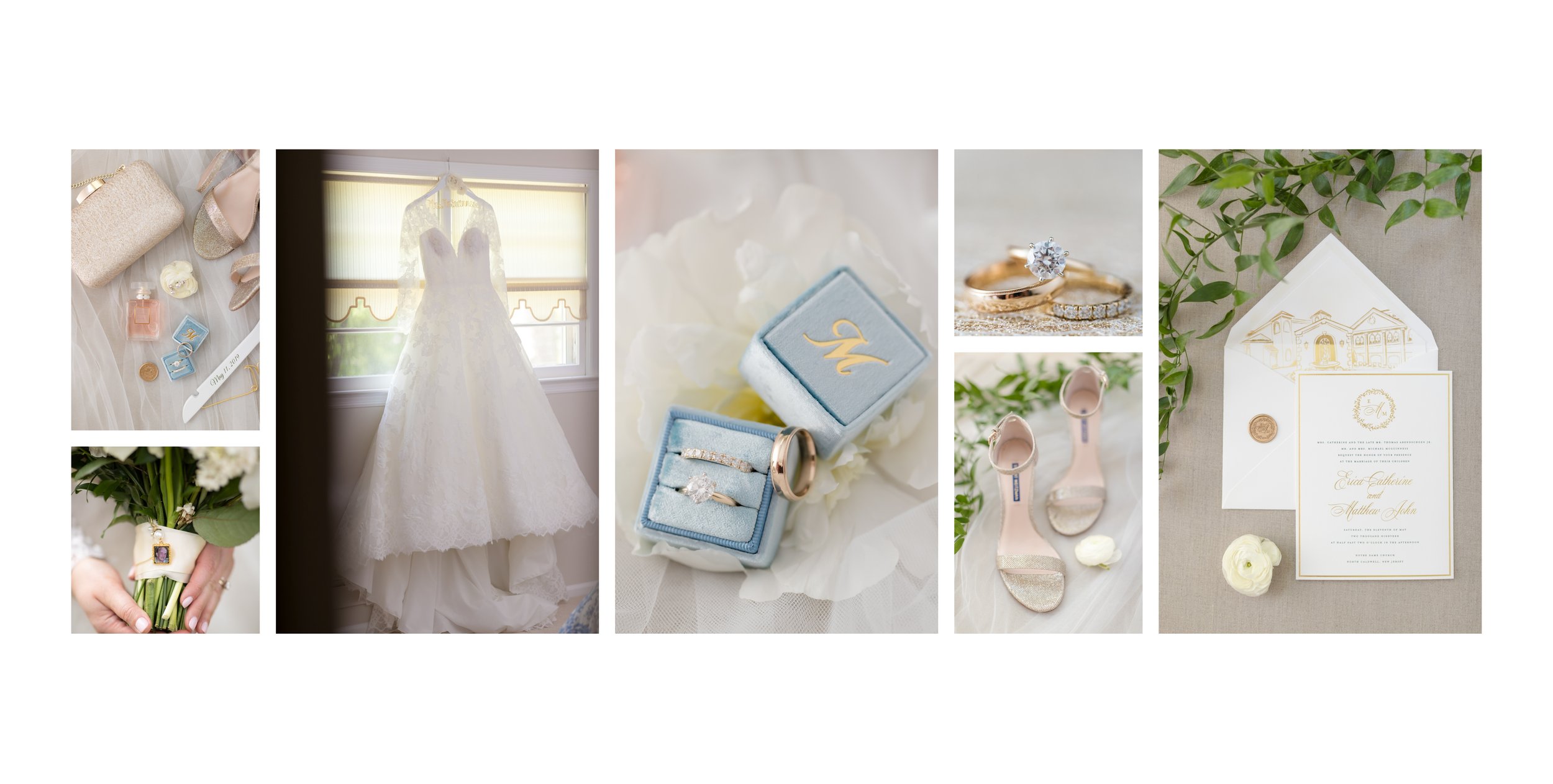 Wedding gown, shoes, ring box and invitation before a Nanina's in the Park wedding